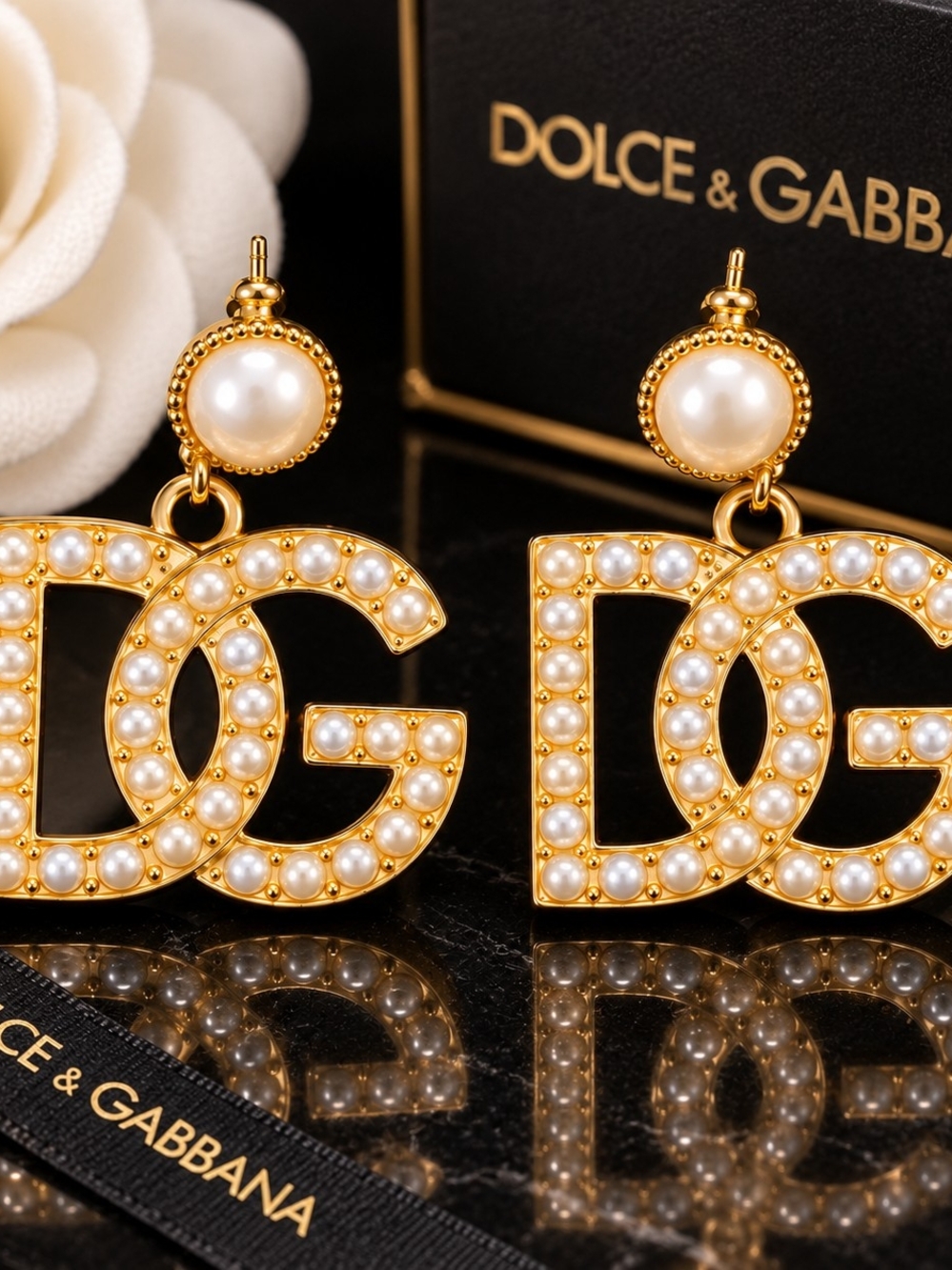 Dolce & Gabbana 18KGP Gold Pearl DG Logo Drop Earrings